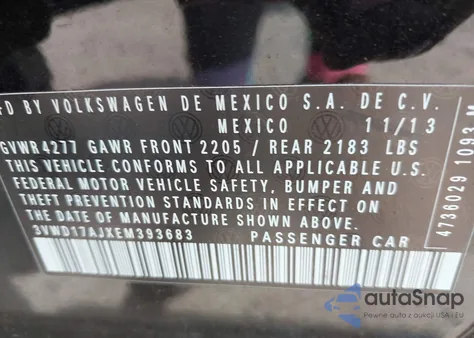 2014 Volkswagen Jetta 1.8T Se из США, поврежденный, VIN 3VWD17AJXEM393683